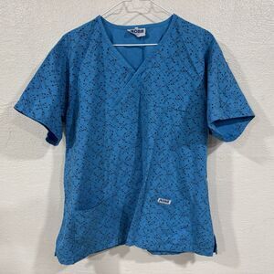 MOBB Women's Blue V-Neck Scrub Top Medical Uniform Shirt Abstract Pattern XL